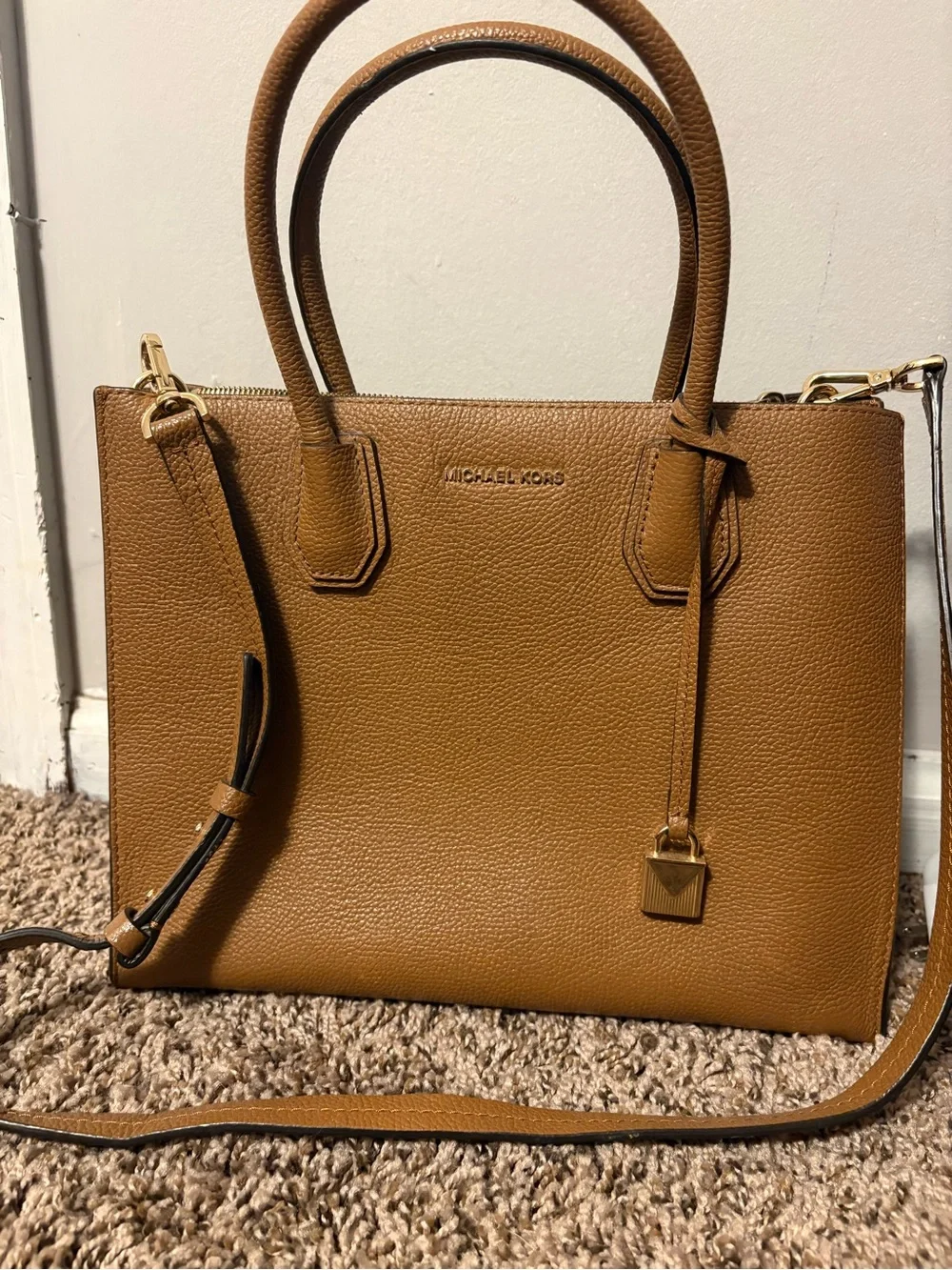 Michael Kors Tan Pebbled Leather Satchel with Gold Hardware